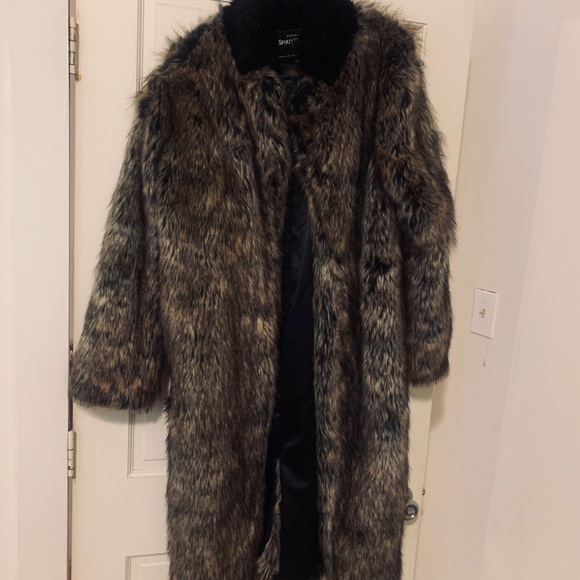 Spirit hood dire wolf calf length faux fur coat